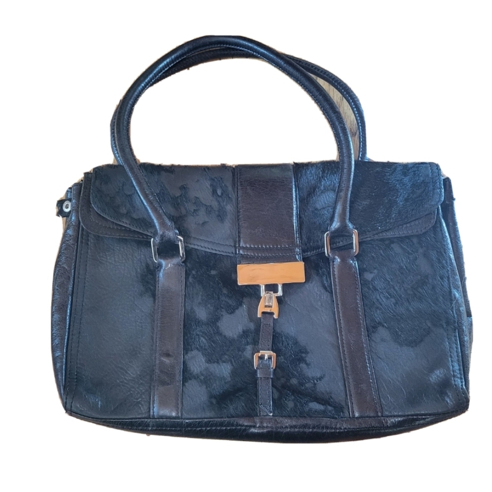 SABINA New York Genuine Leather and Fur Black Purse.